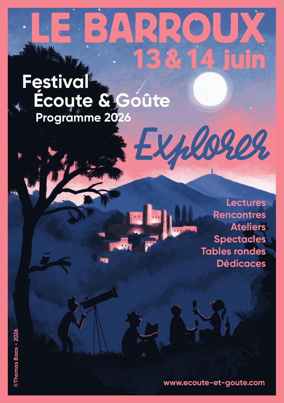 Affiche du festival Écoute & Goûte 2026 signée Thomas BAAS — exposition à la Maison Espigaou
