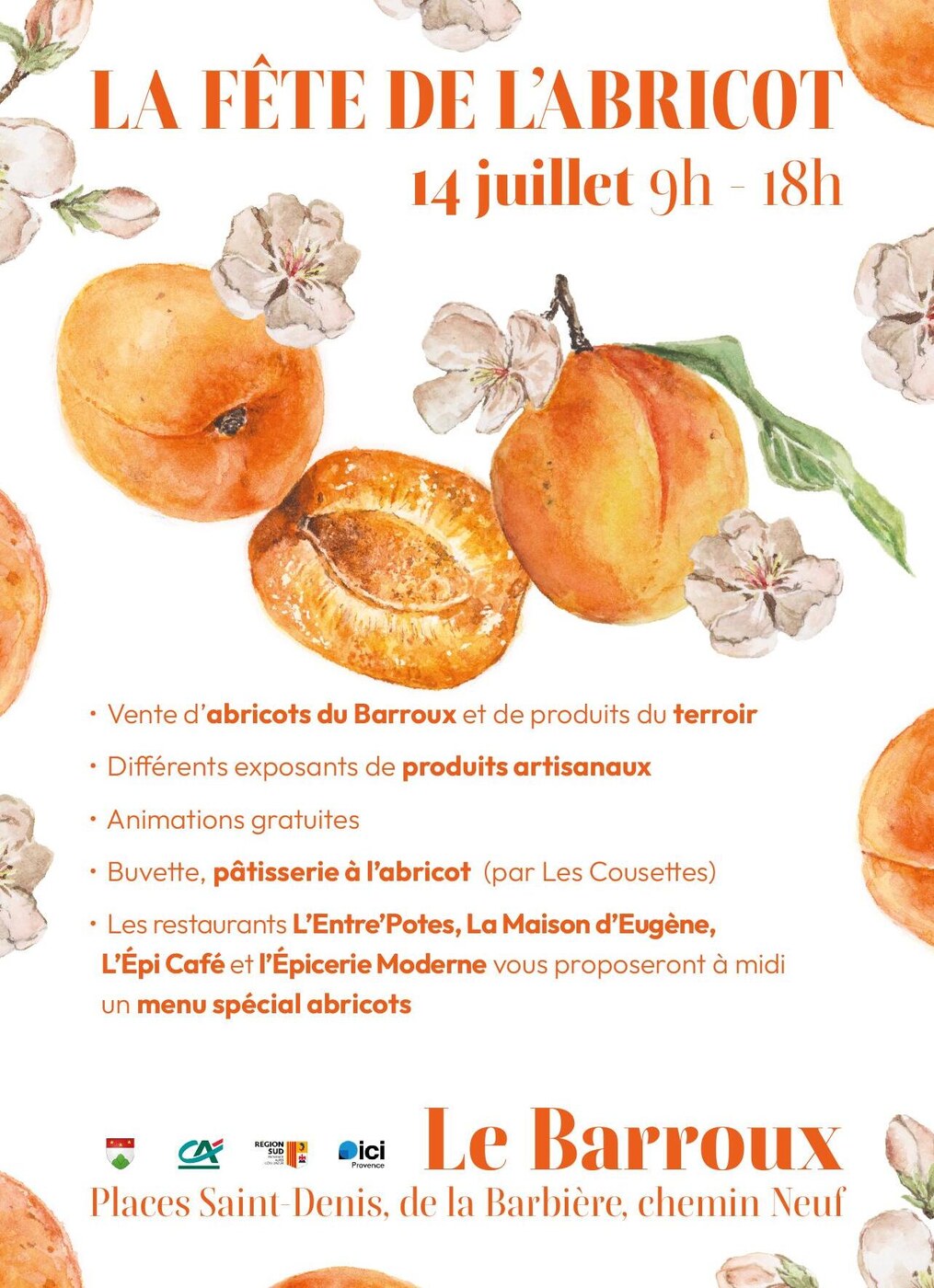 Affiche de la Fête de l'Abricot au Barroux, le 14 juillet — aquarelle d'abricots