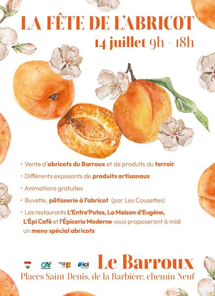 Affiche de la Fête de l'Abricot au Barroux, le 14 juillet — aquarelle d'abricots